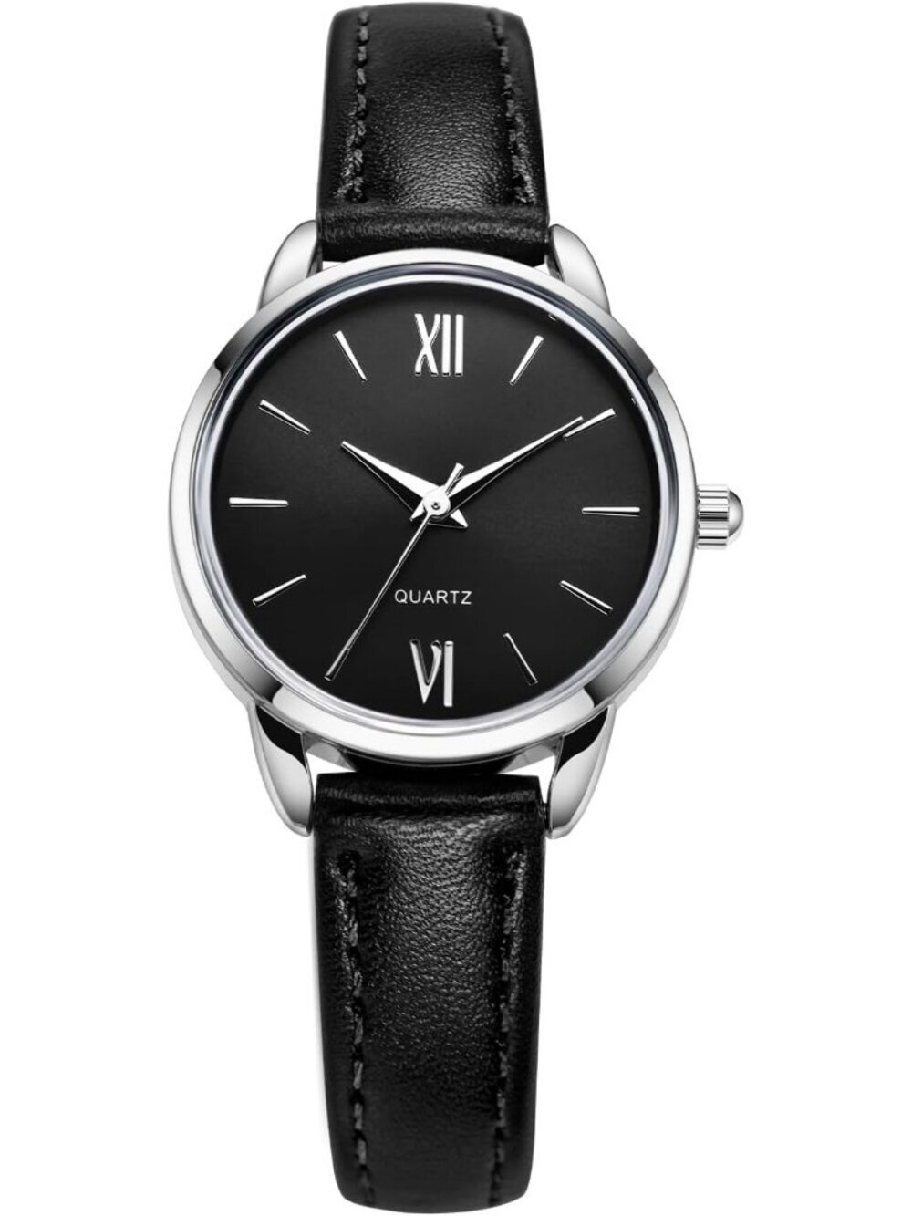 Women's Black Analog Quartz Leather Strap Solid Round Minimalist Wrist Watch